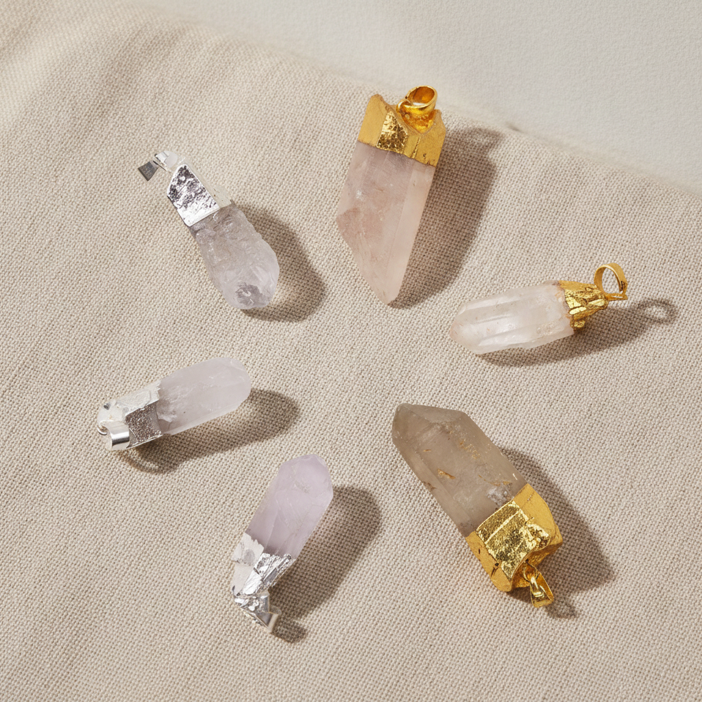 Six assorted clear quartz gold and silver plated pendants on natural linen