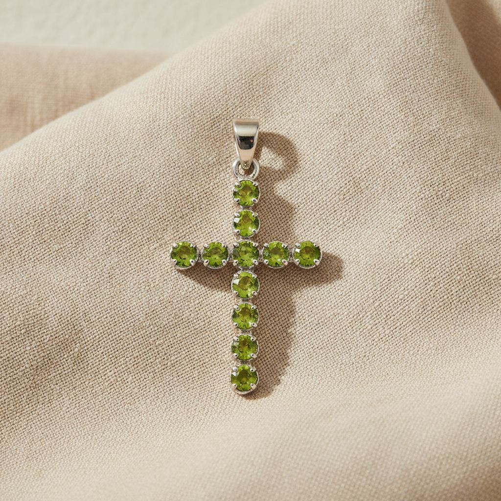Peridot crucifix pendant on natural linen