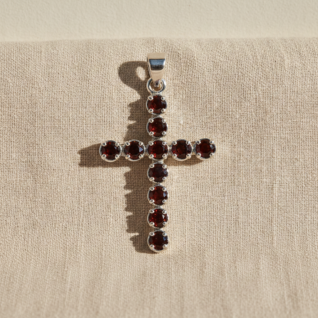 Garnet crucifix pendant on natural linen