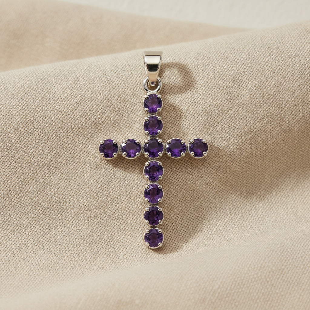 Amethyst coloured crucifix pendant on natural linen