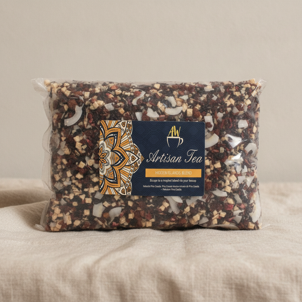 Sealed 1kg bag of Artisan Tea Hidden Islands Blend on natural linen