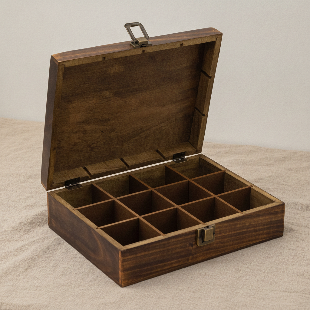 Carved mango wood tea box open showing twelve compartments, on natural linen