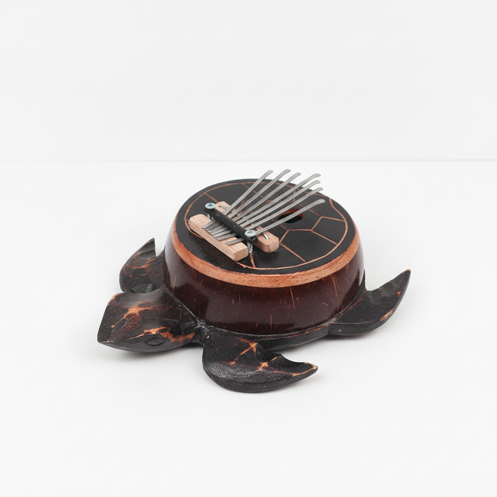 Turtle coconut shell kalimba on a clean white surface against a white wall