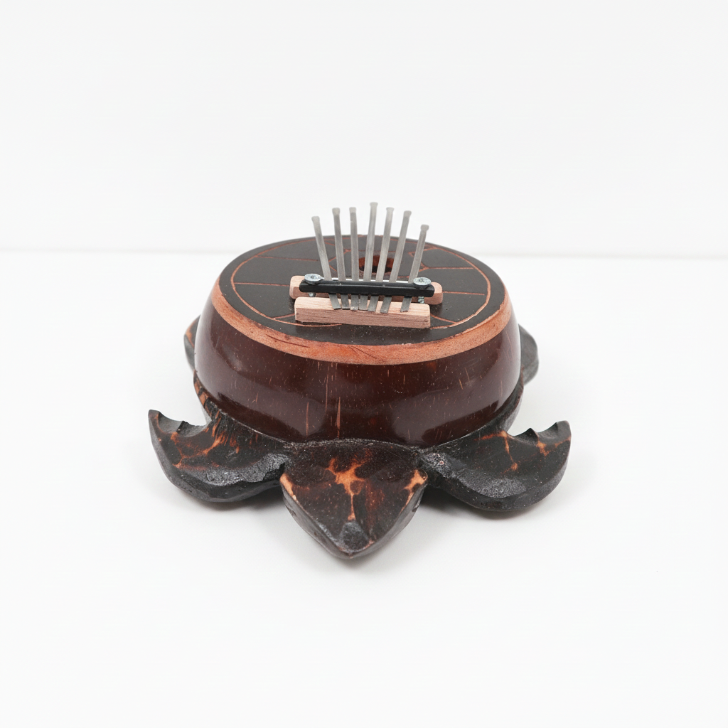 Turtle coconut shell kalimba on a clean white surface against a white wall