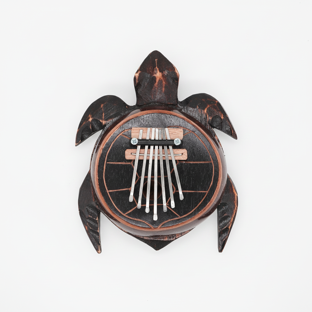 Turtle coconut shell kalimba on a clean white surface against a white wall