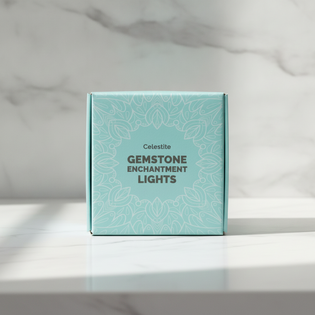 Celestite crystal fairy lights on a marble table with a marble wall behind