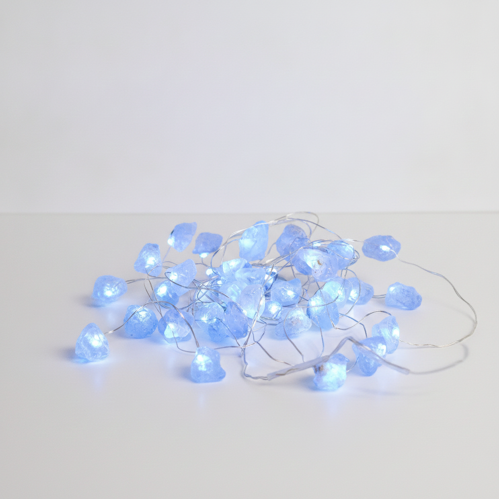 Celestite crystal fairy lights on a clean white surface against a white wall
