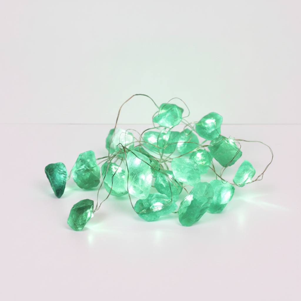 Green crystal jade fairy lights on a clean white surface against a white wall