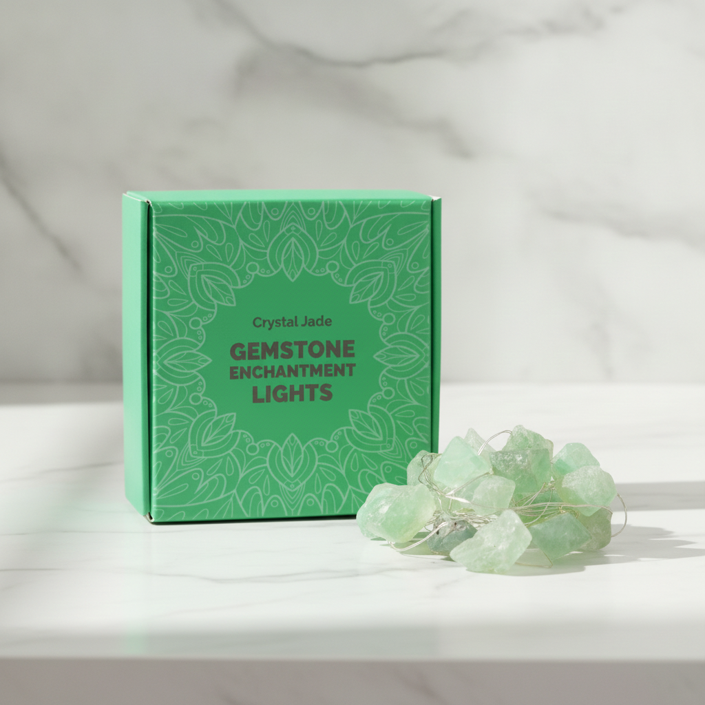 Green crystal jade fairy lights on a marble table with a marble wall behind