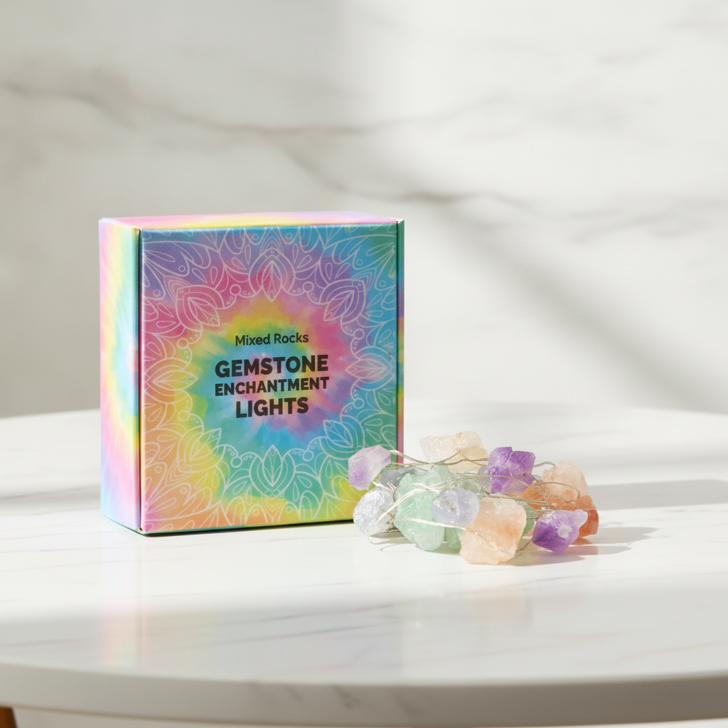 Mixed gemstone crystal fairy lights on a marble table with a marble wall behind