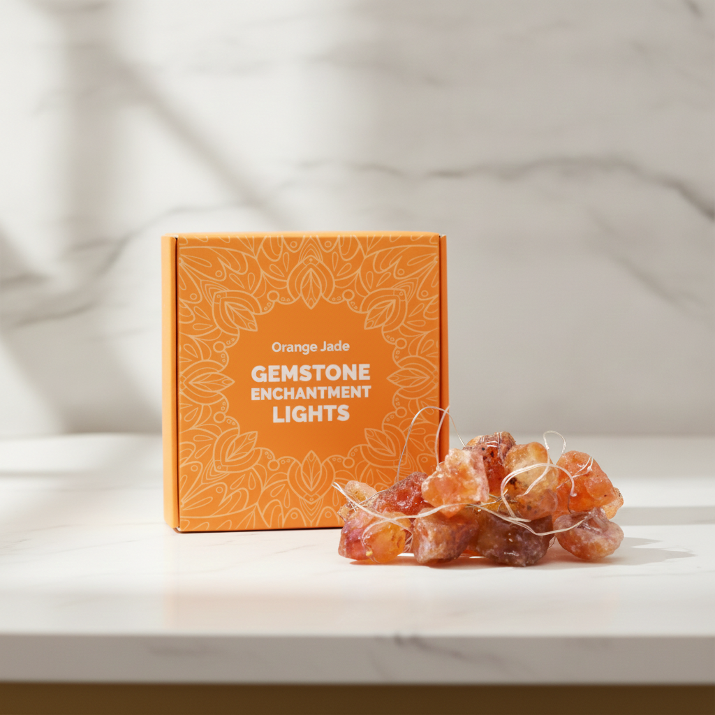 Orange jade crystal fairy lights on a marble table with a marble wall behind