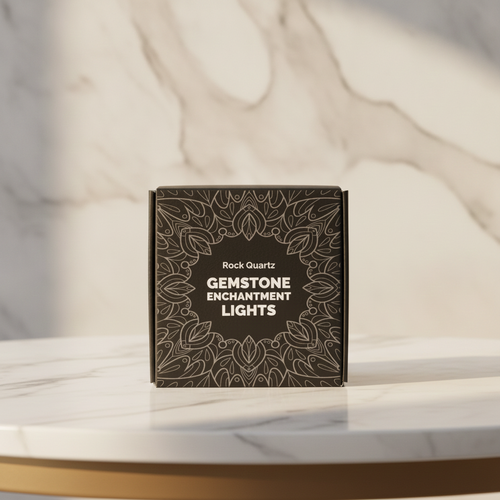 Clear quartz crystal fairy lights on a marble table with a marble wall behind