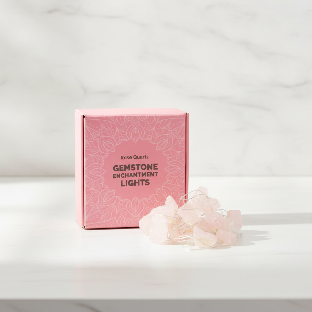Rose quartz crystal fairy lights on a marble table with a marble wall behind
