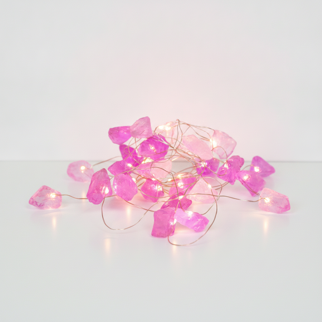 Rose quartz crystal fairy lights on a clean white surface against a white wall