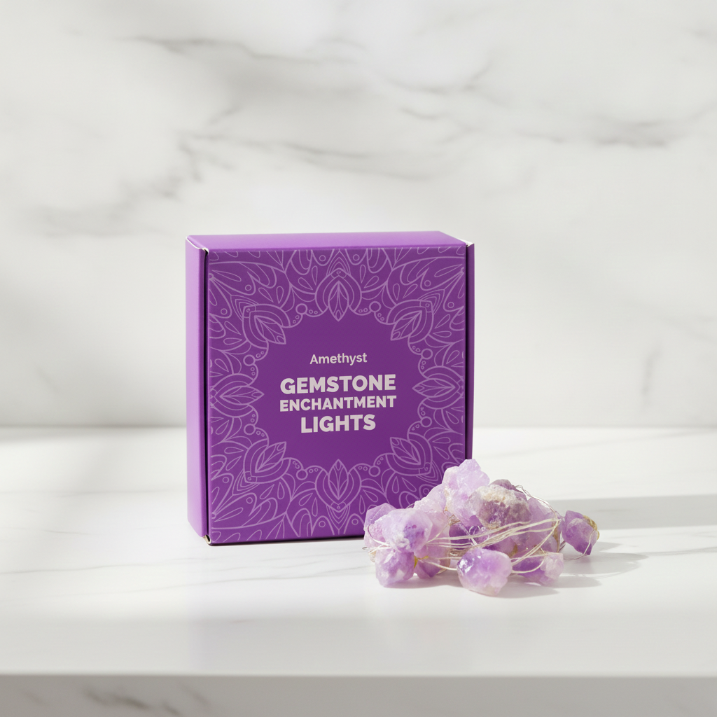 Amethyst crystal fairy lights on a marble table with a marble wall behind