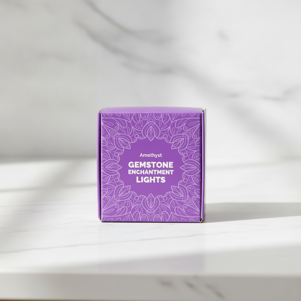 Amethyst crystal fairy lights on a marble table with a marble wall behind