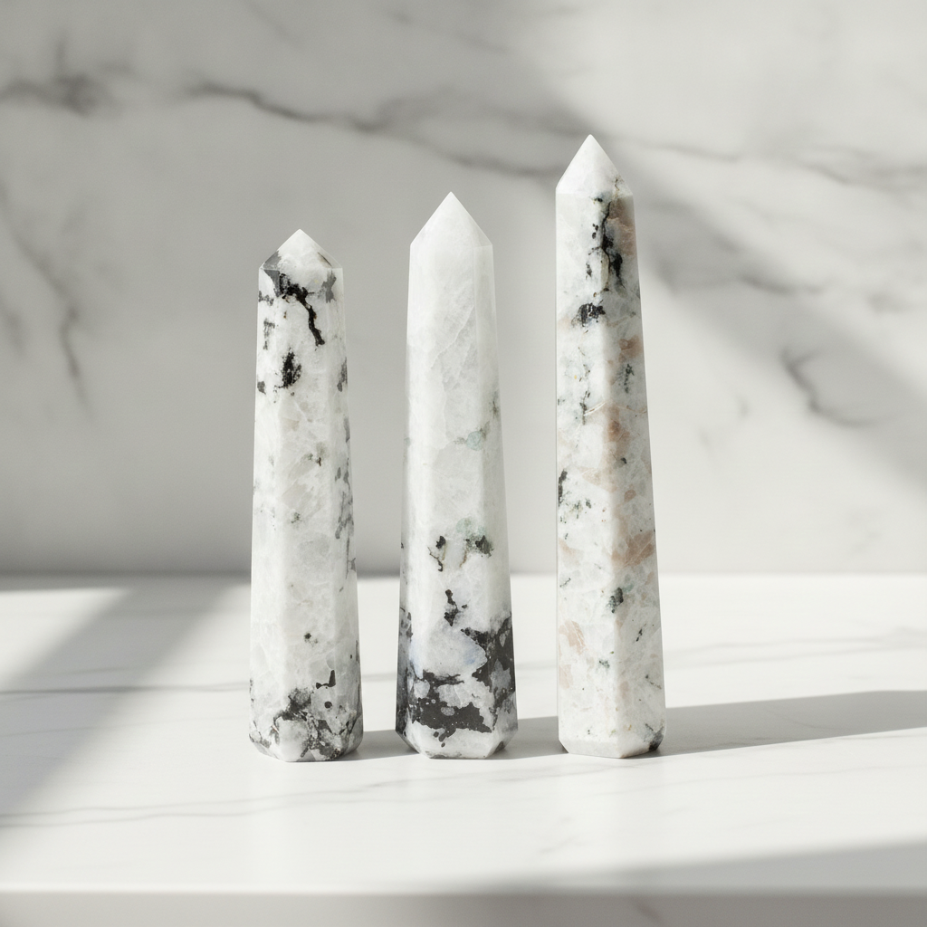 Rainbow moonstone six face obelisk on a marble table with a marble wall behind