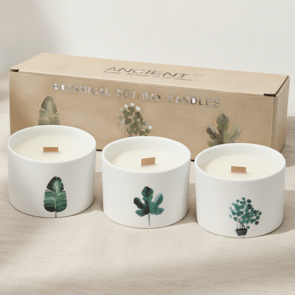 Set of 3 Medium Scented Soy Candles Mulberry Harvest - Wooden Wick Botanical Candles in Ceramic Jars