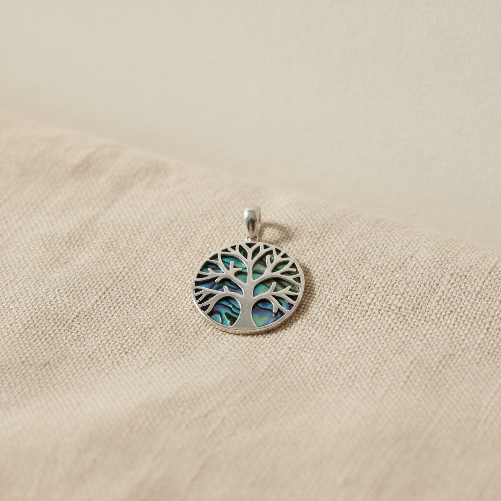 Silver Tree of Life pendant set over blue-green abalone shell