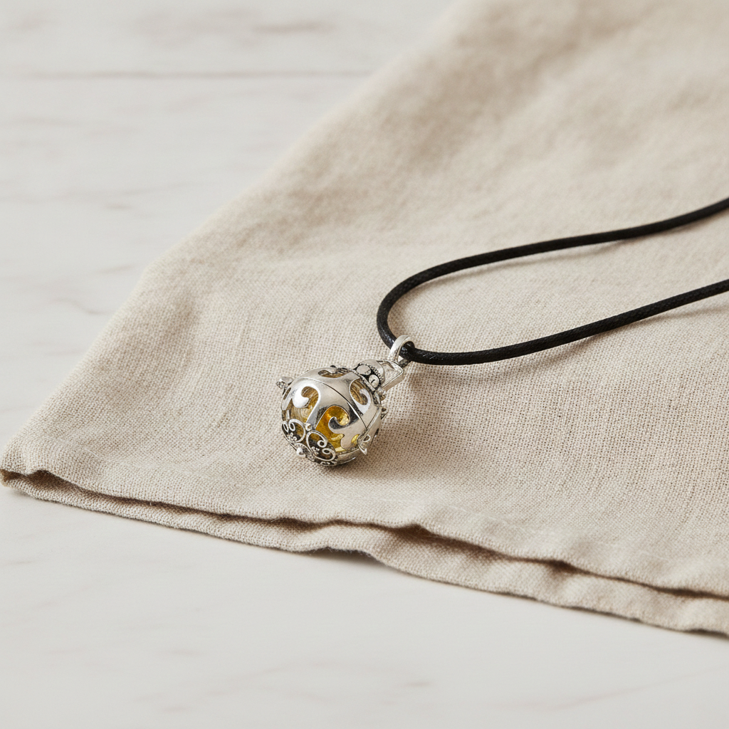 Silver angel bell pendant in the Dreams design on a neck cord