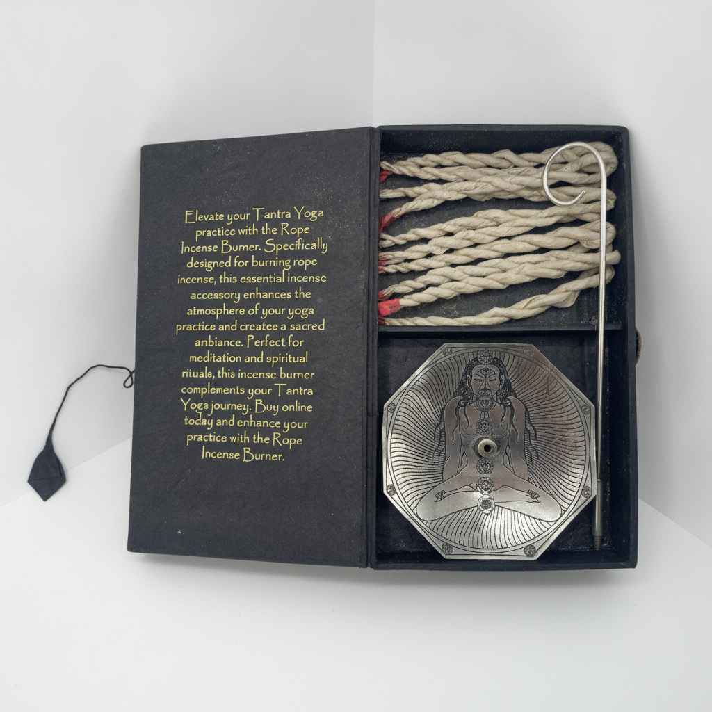 Tantra Yoga gift box open, rope incense bundles and an engraved silver plated dish inside