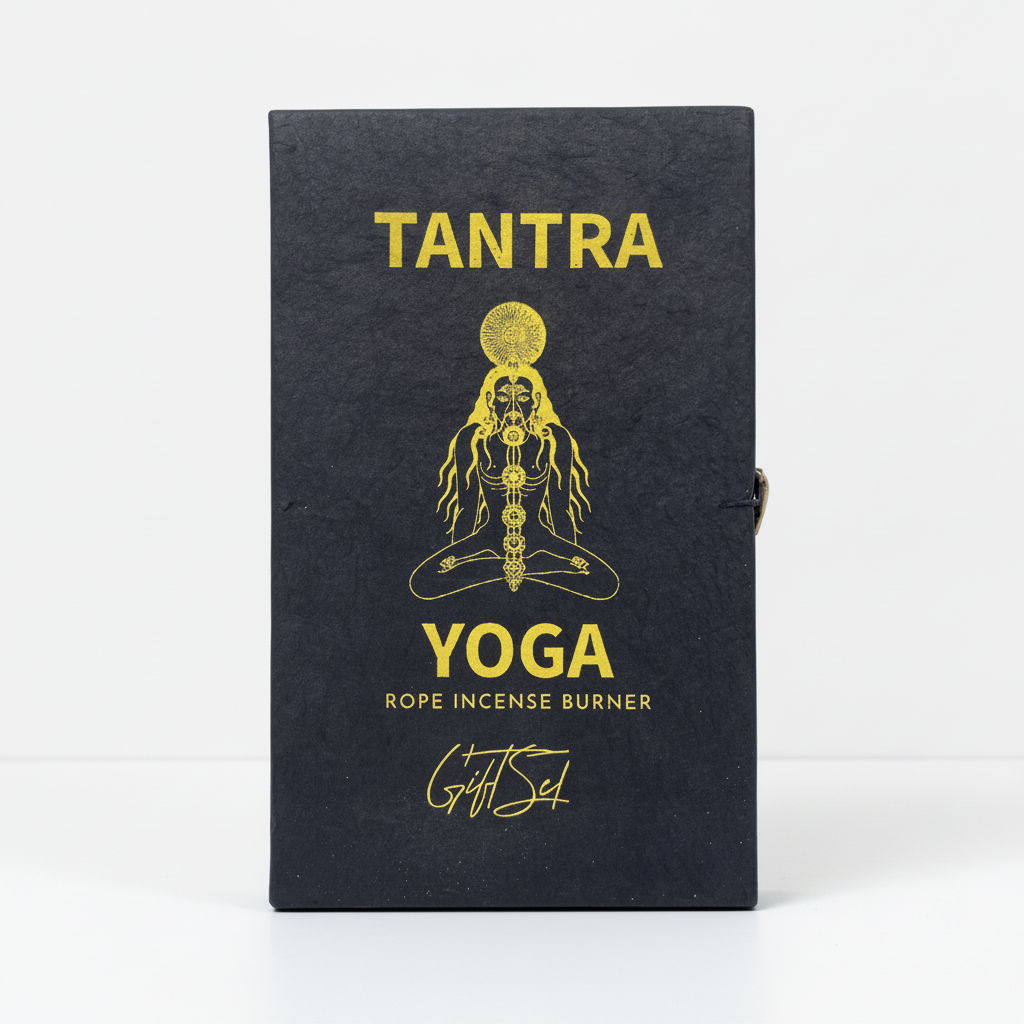 Tantra Yoga rope incense burner gift box, black with a gold chakra figure on the lid