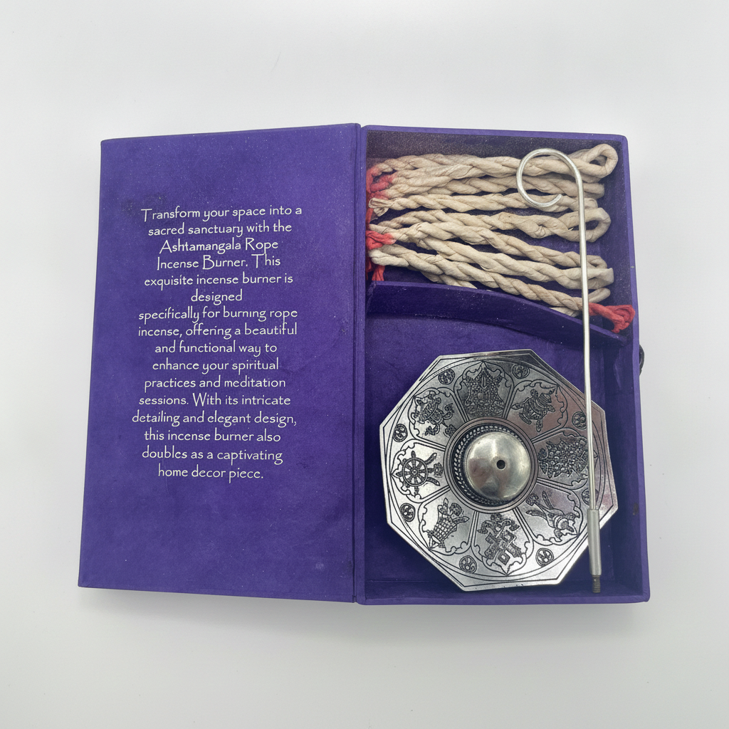 Astamangal gift box open, rope incense and the silver plated octagonal dish inside