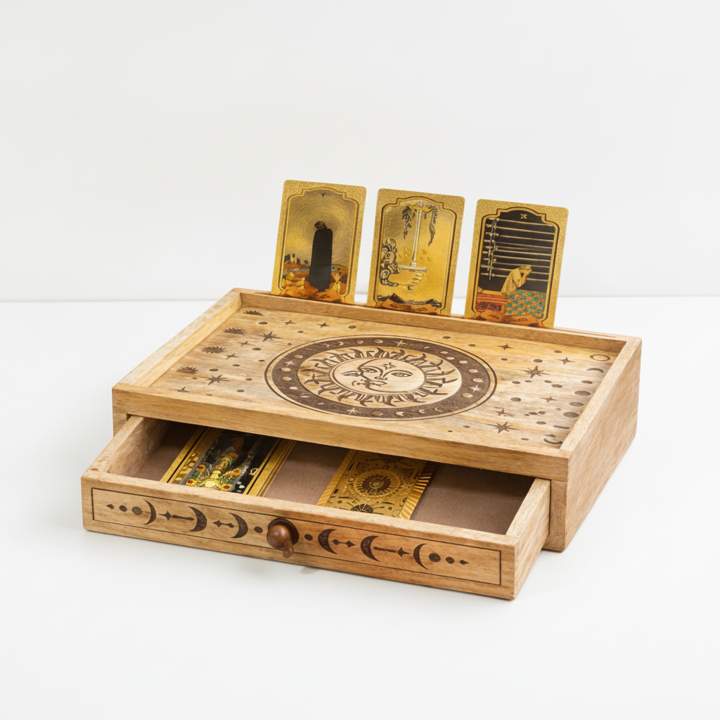 Sun and moon tarot box with the drawer open and three tarot cards standing in the card slot