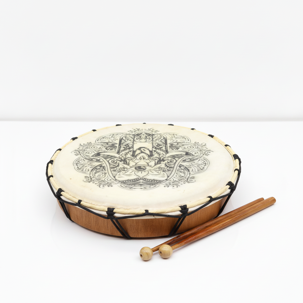Hamsa frame drum lying flat to show the wooden frame and lacing, two beaters beside it