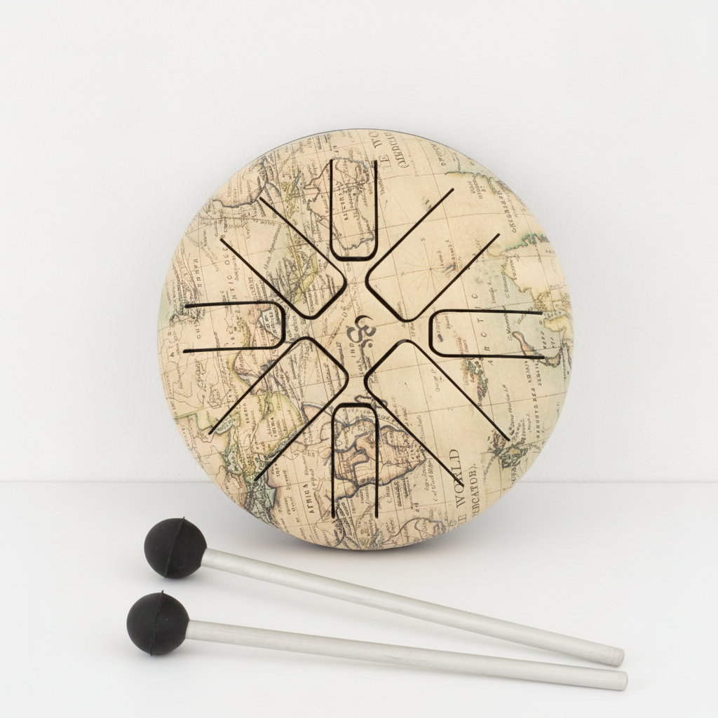 Atlas steel tongue drum from above with a world map finish and two rubber mallets