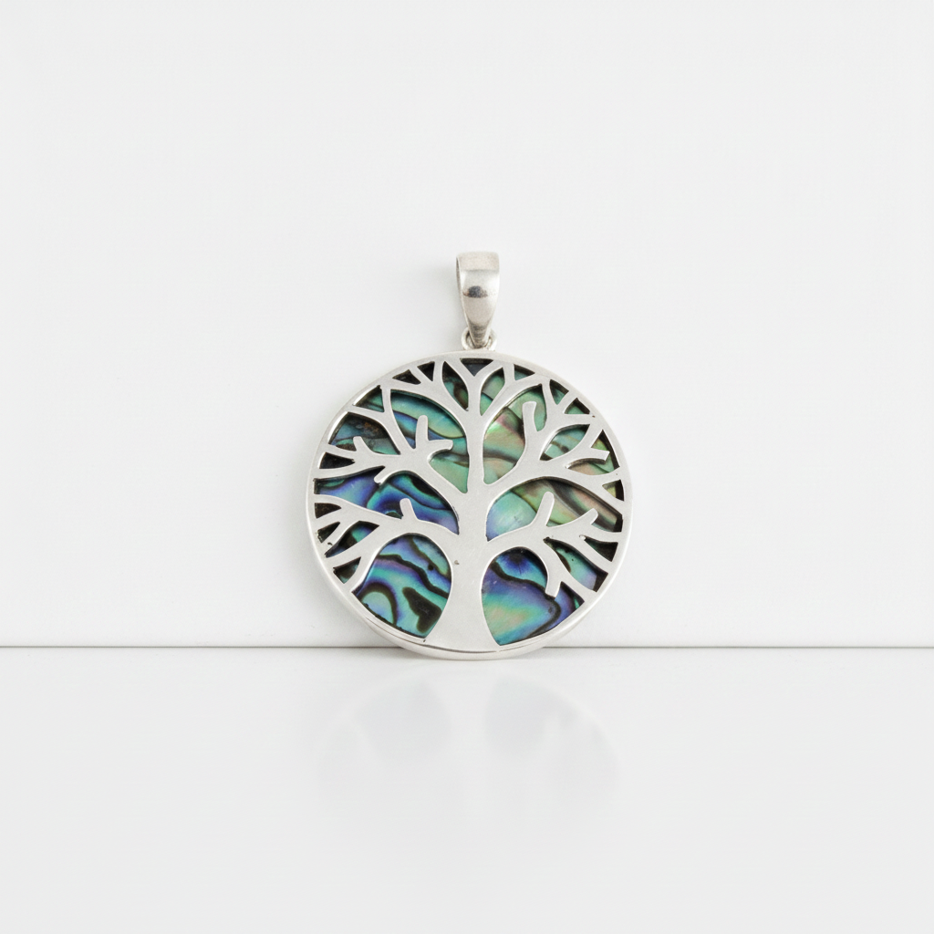 Silver Tree of Life pendant set over blue-green abalone shell - view 3