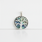 Silver Tree of Life pendant set over blue-green abalone shell - view 3