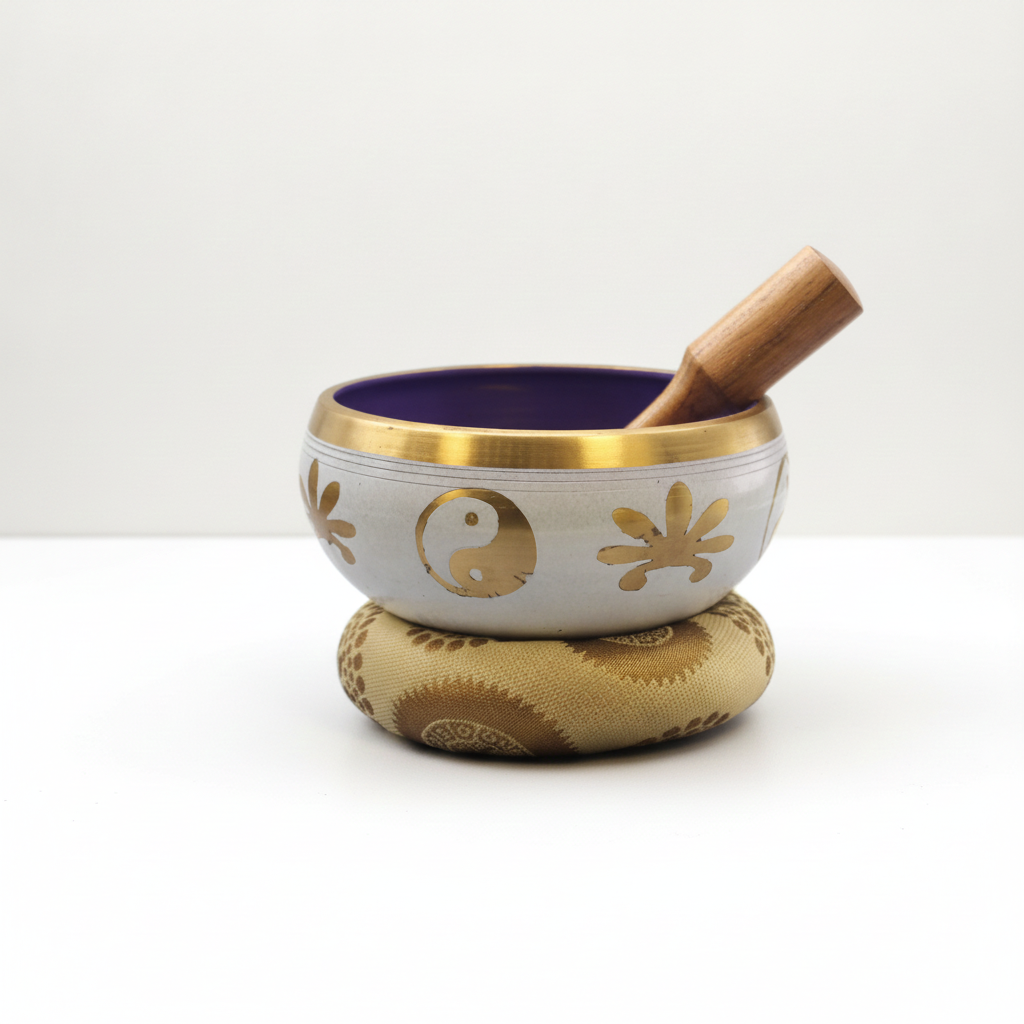 White yin yang singing bowl on a gold cushion with the striker resting inside