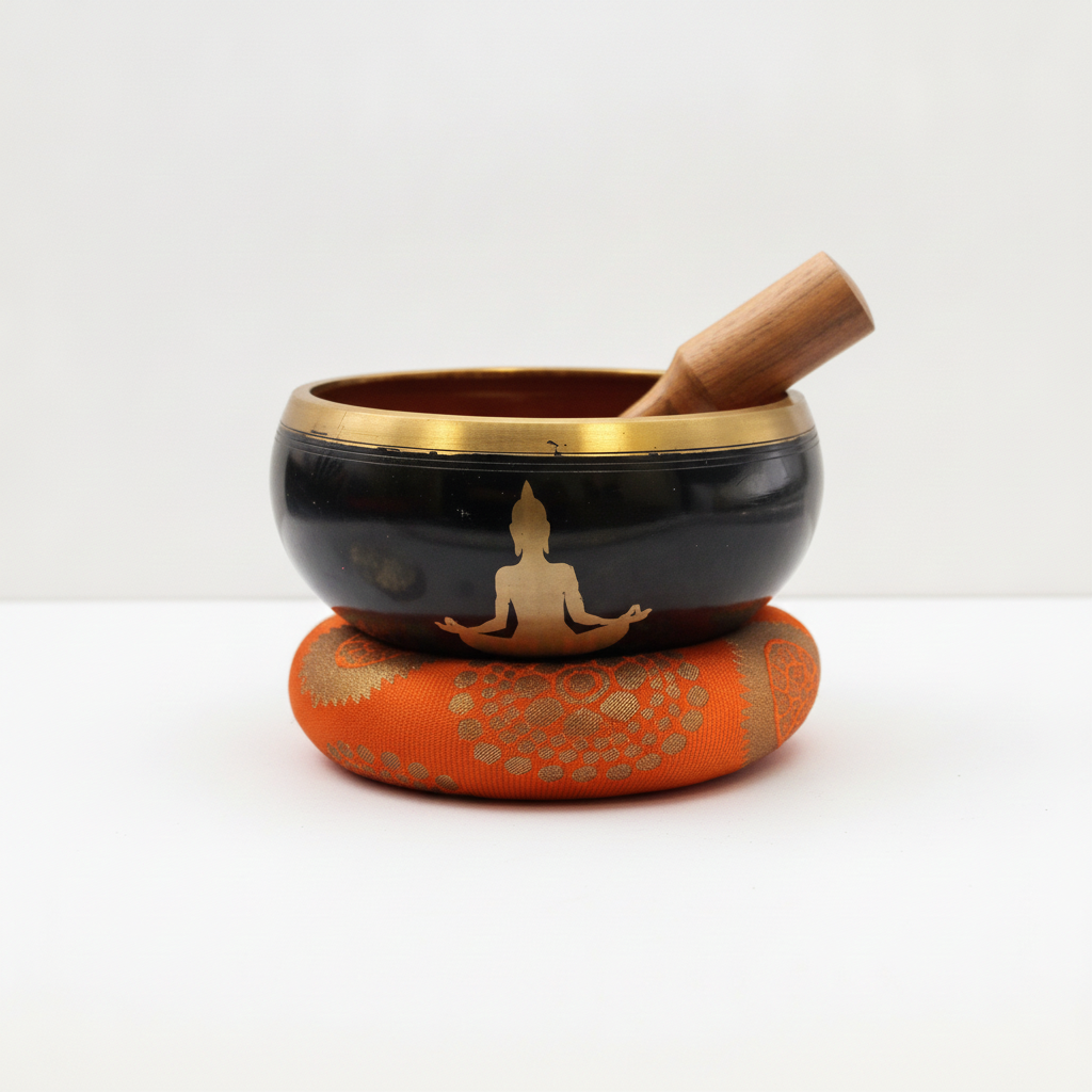 Black Buddha singing bowl on its orange cushion, striker resting in the bowl