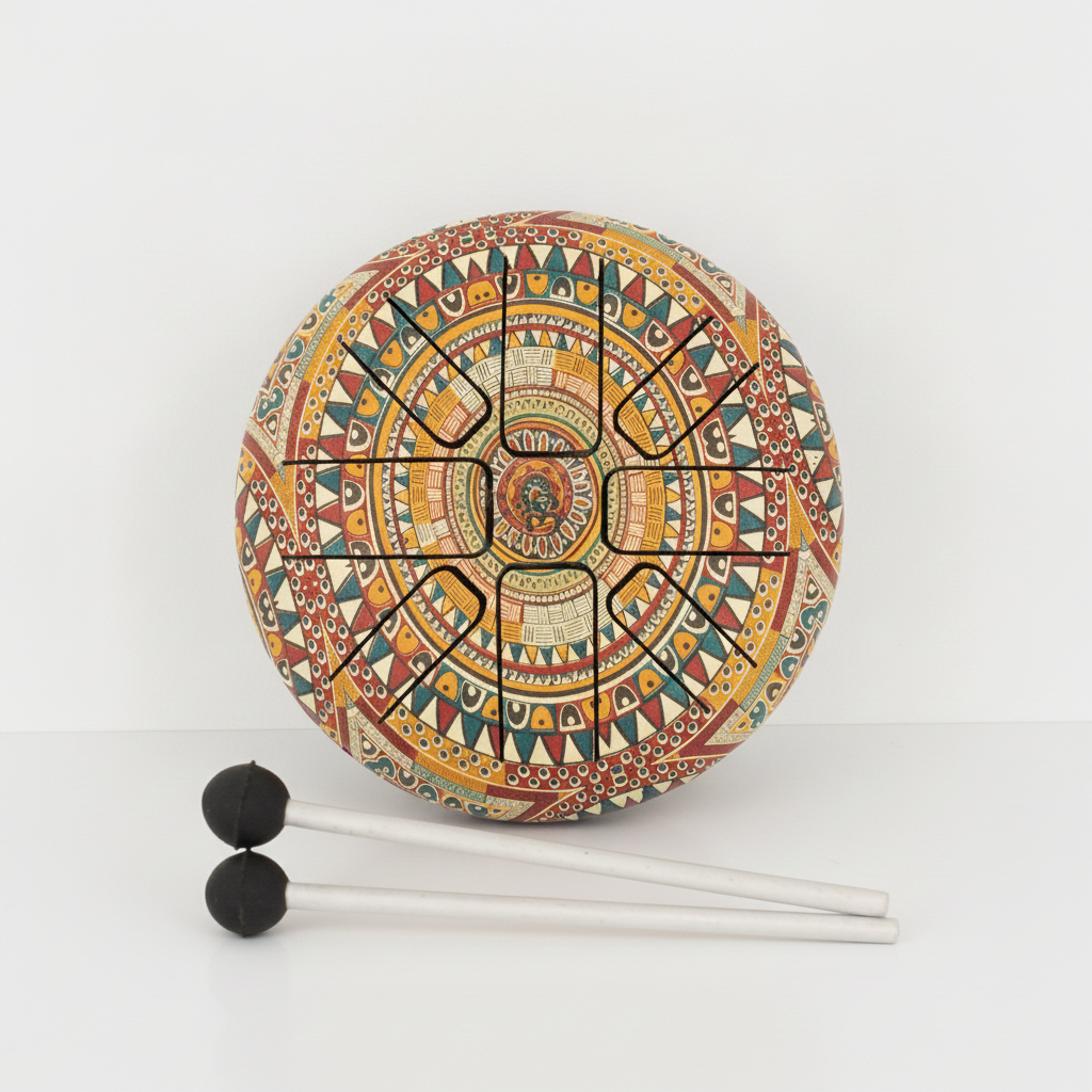 Om Mandala steel tongue drum from above, a painted mandala over the tongues, with two mallets