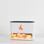 White flame effect diffuser lit, orange flame glowing over pink Himalayan salt in the base chamber