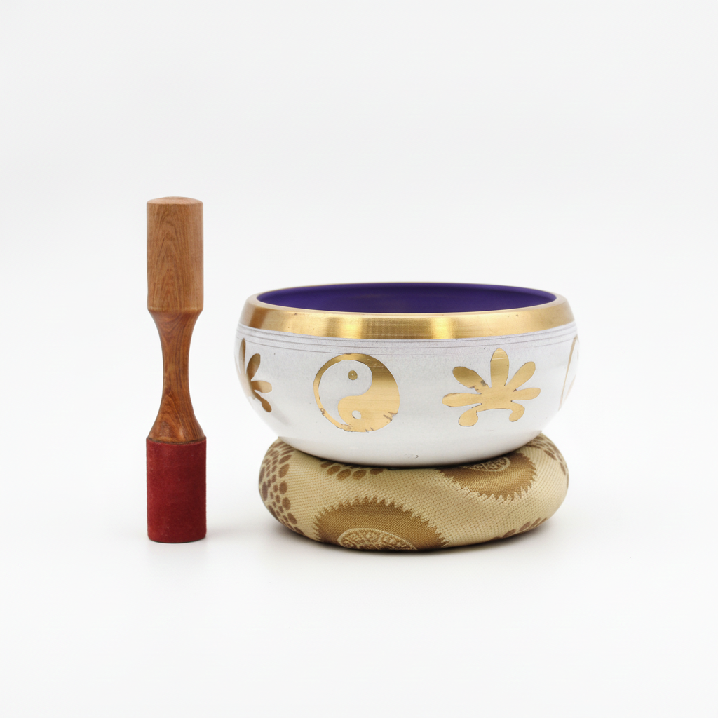White and purple singing bowl with gold yin yang symbols, on its cushion beside the striker