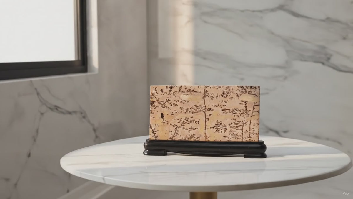 Guohua picture stone landscape on a wooden stand, slow product video
