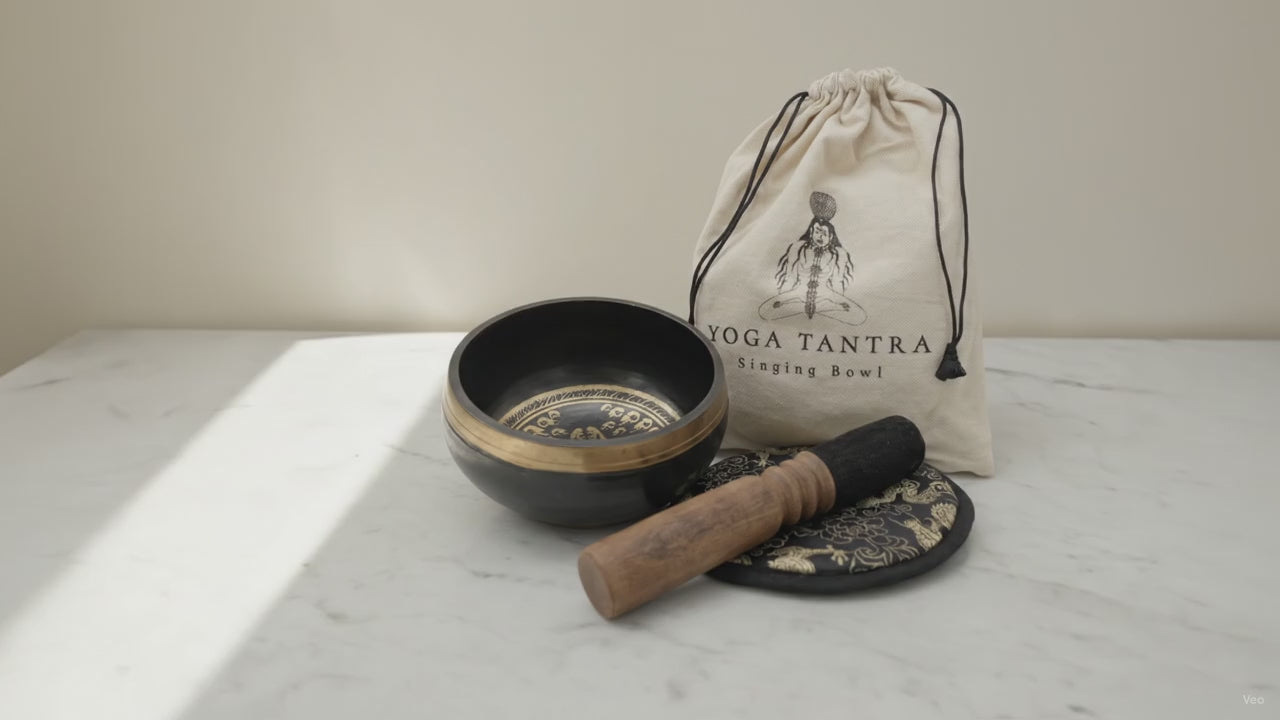 Hand-made & Engraved Singing Bowl Gift Set - Yogi, slow close-up
