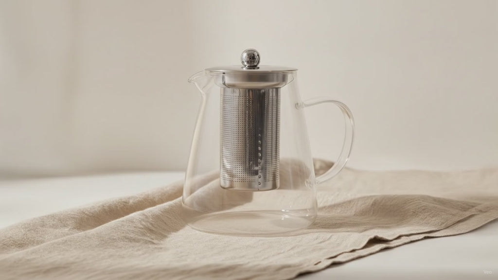 Glass infuser teapot with stainless steel filter on natural linen