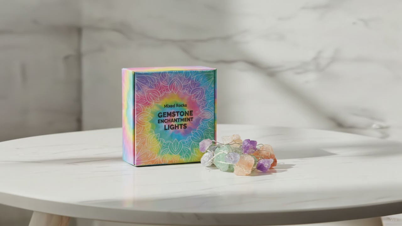 Mixed gemstone crystal fairy lights in their rainbow gift box on a marble table, sunlight moving across the wall