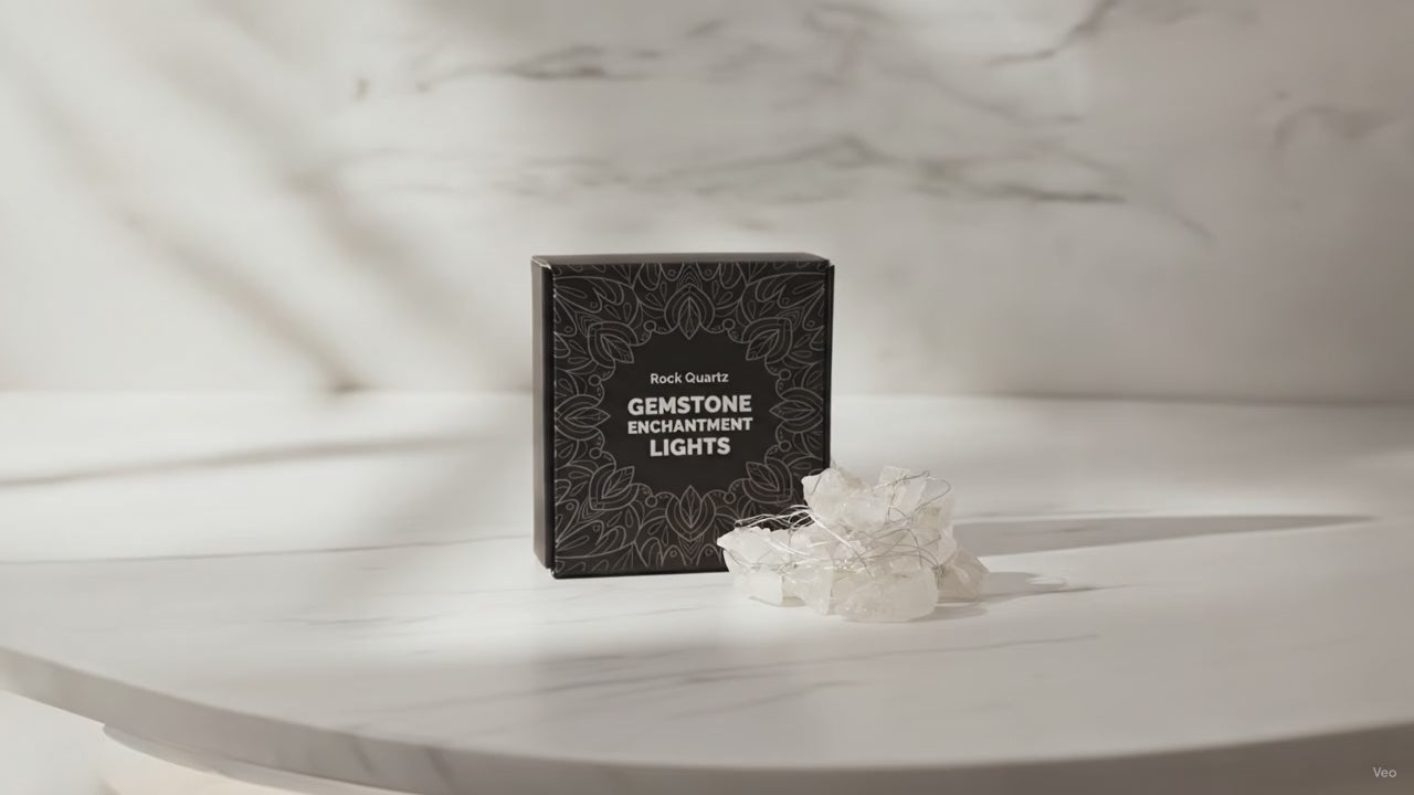 Clear quartz crystal fairy lights in their black gift box on a marble table, sunlight moving across the wall