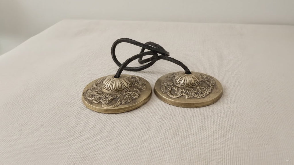 A pair of brass tingsha cymbals joined by a black cord, on cotton canvas video