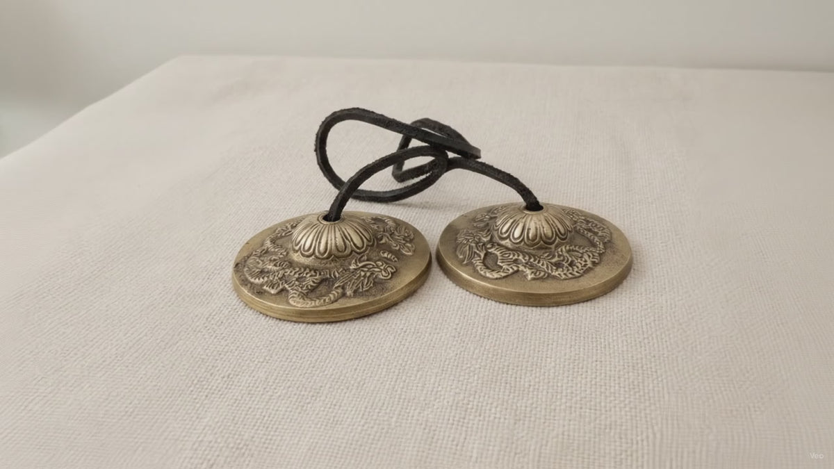 A pair of brass tingsha cymbals joined by a black cord, on cotton canvas video