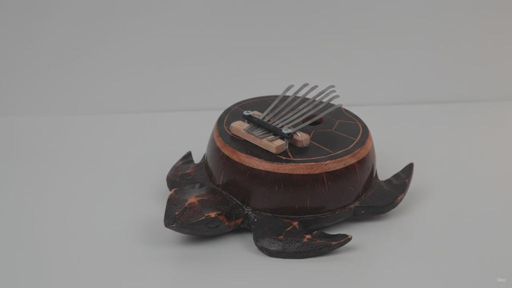 Turtle coconut shell kalimba on a white table, soft sunlight moving across the wall