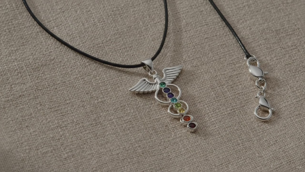 Angel wing chakra pendant necklace on black cord, on natural linen
