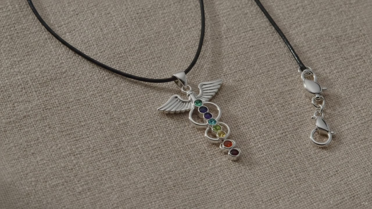Angel wing chakra pendant necklace on black cord, on natural linen