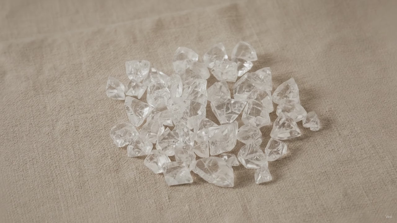 Small apophyllite raw crystal points on natural linen
