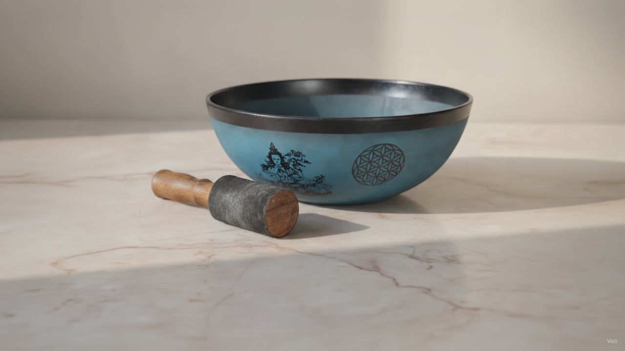 Large Aluminium Singing Bowl - Tibetan Double Dorje - Blue, slow close-up