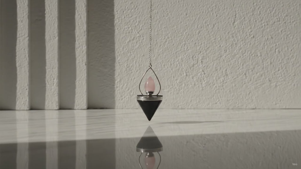 Gemstone Lantern of Life Pendulum - Black Agate & Rose Quartz, slow close-up